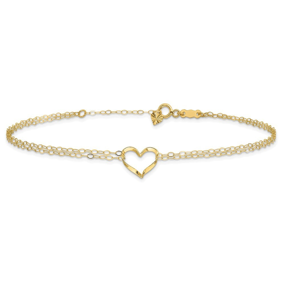 14k Yellow Gold Double Strand Chain and Twisted Heart 10" Anklet