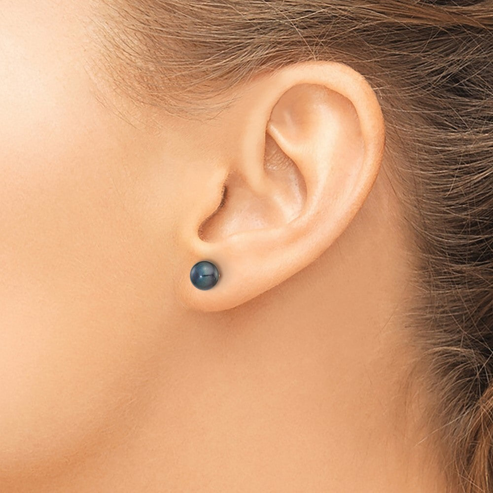14k Yellow Gold 6-7mm Black Button Freshwater Cultured Pearl Stud Earrings