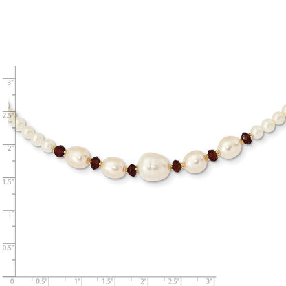 14k Yellow Gold White Semi-Round Cultured Pearl & Garnet Bead Necklace 18"