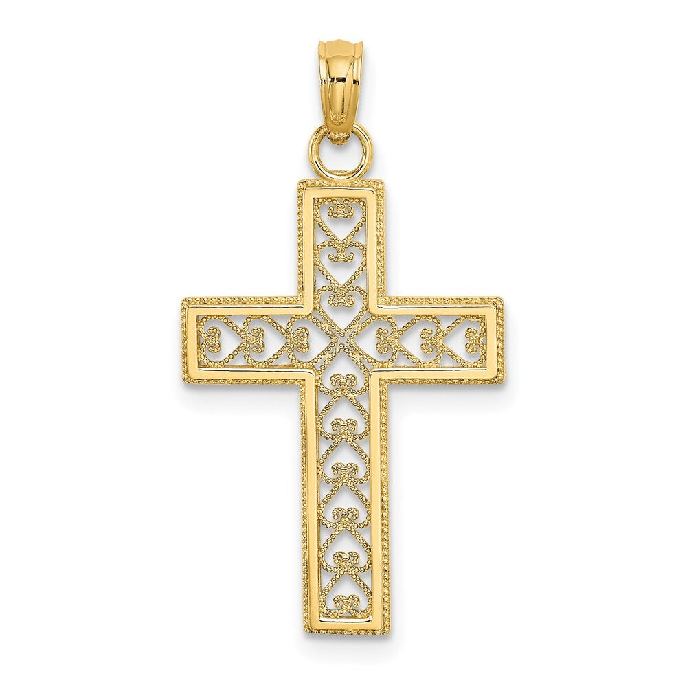 14k Yellow Gold Filigree Beaded Outline Cross Charm Pendant for Women