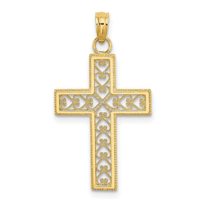 14k Yellow Gold Filigree Beaded Outline Cross Charm Pendant for Women