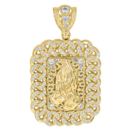 10k Yellow Gold Cubic-Zirconia Praying Hands Religious Symbol Cuban Link Pendant