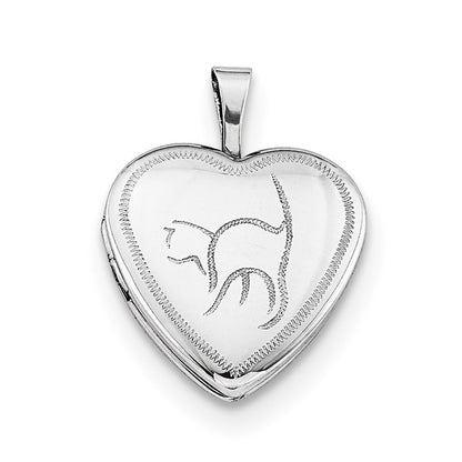 Sterling Silver Rhodium-plated 16mm Cat Heart Locket Necklace