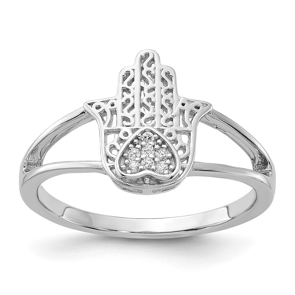 Sterling Silver Rhodium-plated CZ Heart Hamsa Ring Size 6