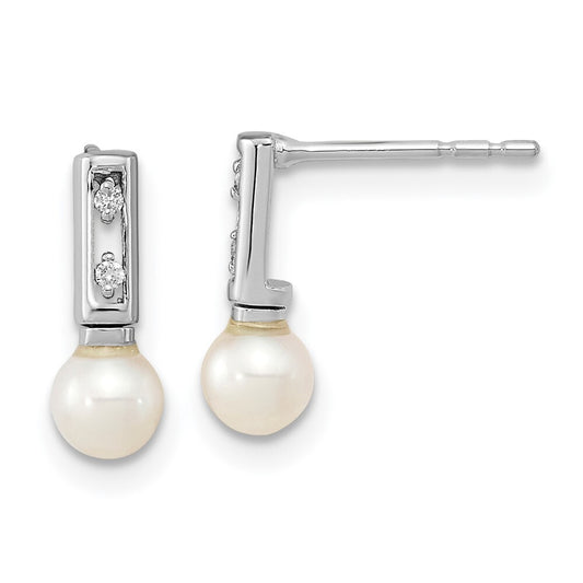 14k White Gold 3-4mm White Round FWC Pearl .02ct Diamond Stud Earrings