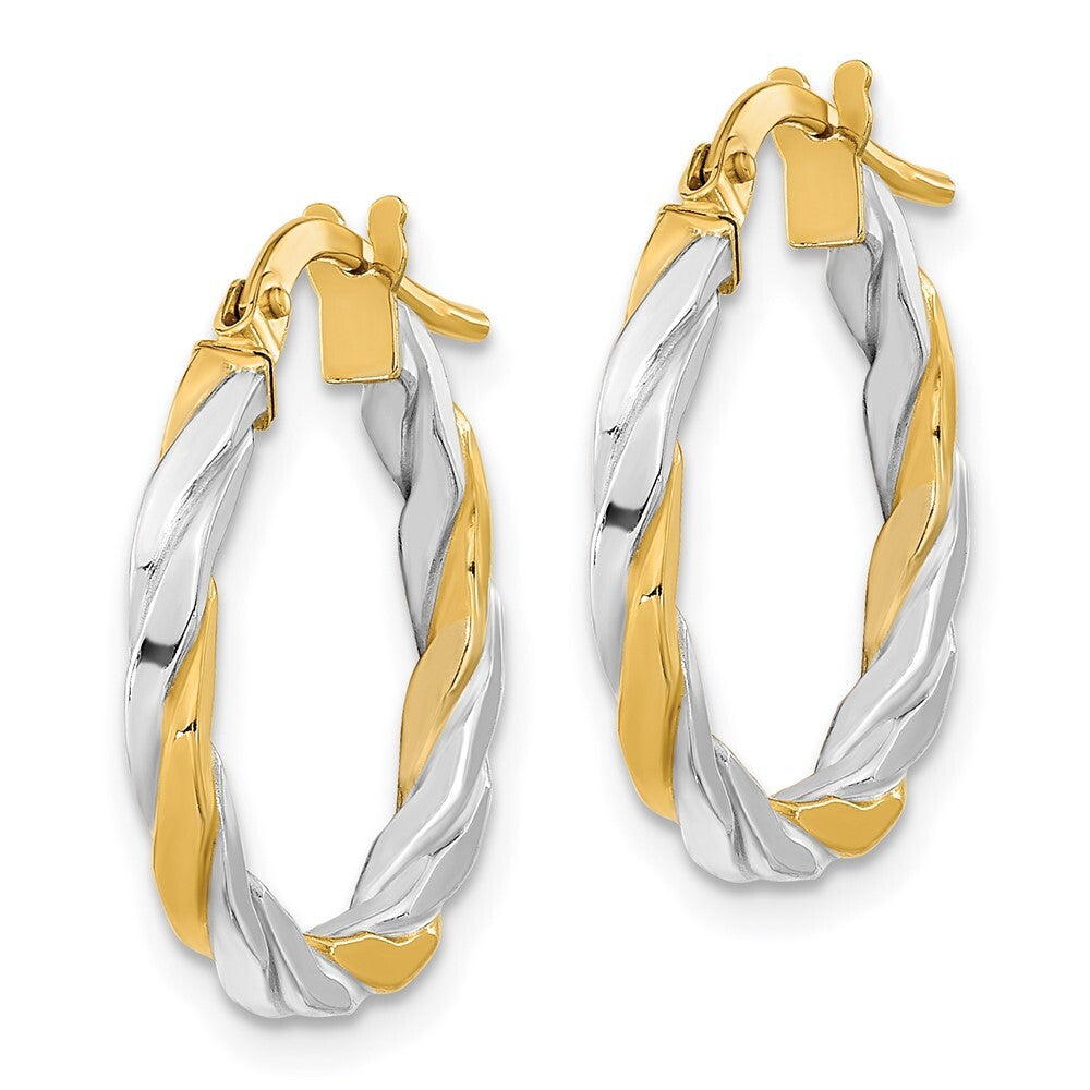 14k Yellow Gold & White Rhodium Polished & Twist Hoop Earrings Gift for Women