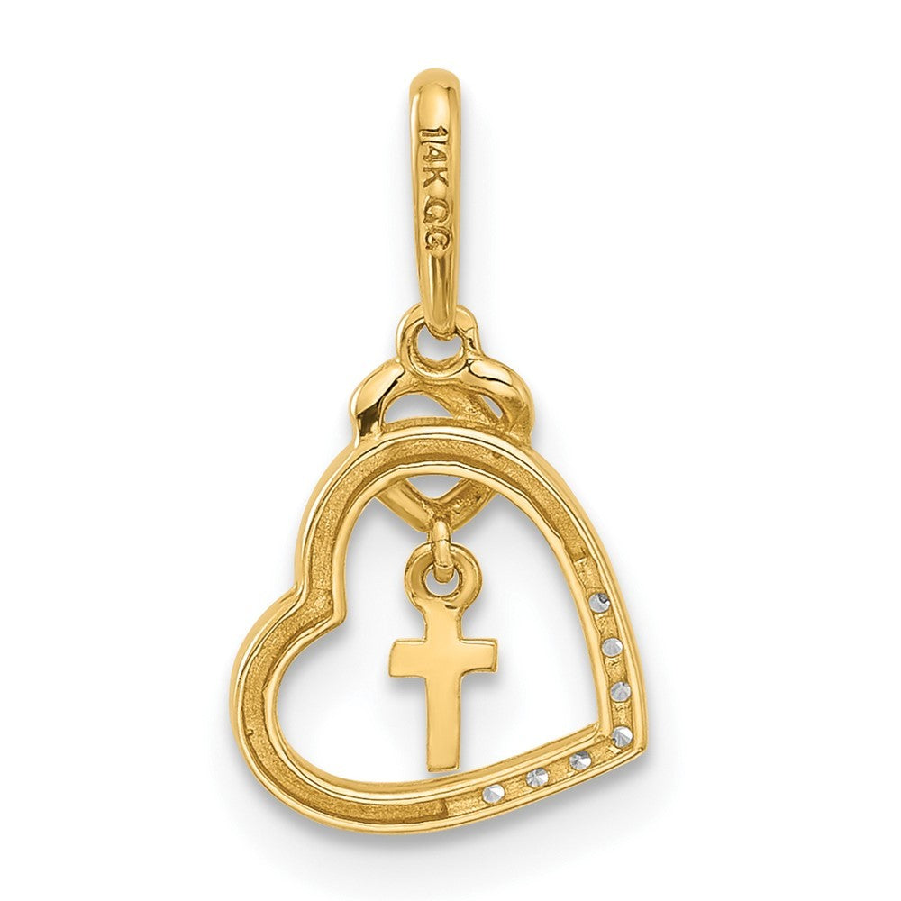 14k Yellow Gold Polished CZ Heart with Cross Dangle Pendant