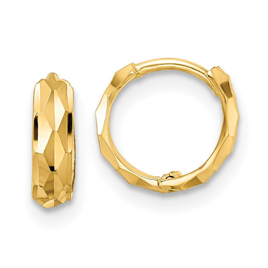 14k Yellow Gold Diamond-Cut Hinged Hoop Earrings Gift for Women