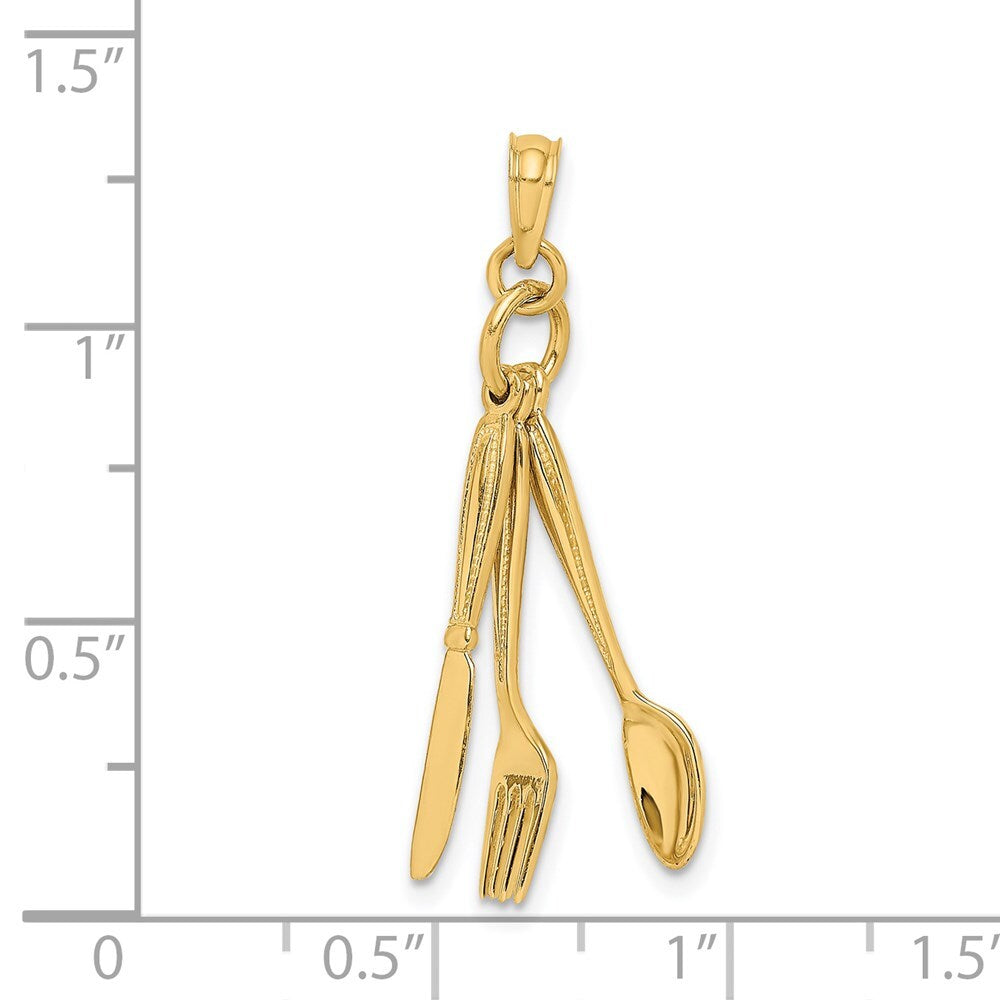 14k Yellow Gold 3-D Moveable Knife, Fork, and Spoon Charm Pendant for Women