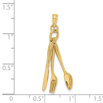 14k Yellow Gold 3-D Moveable Knife, Fork, and Spoon Charm Pendant for Women