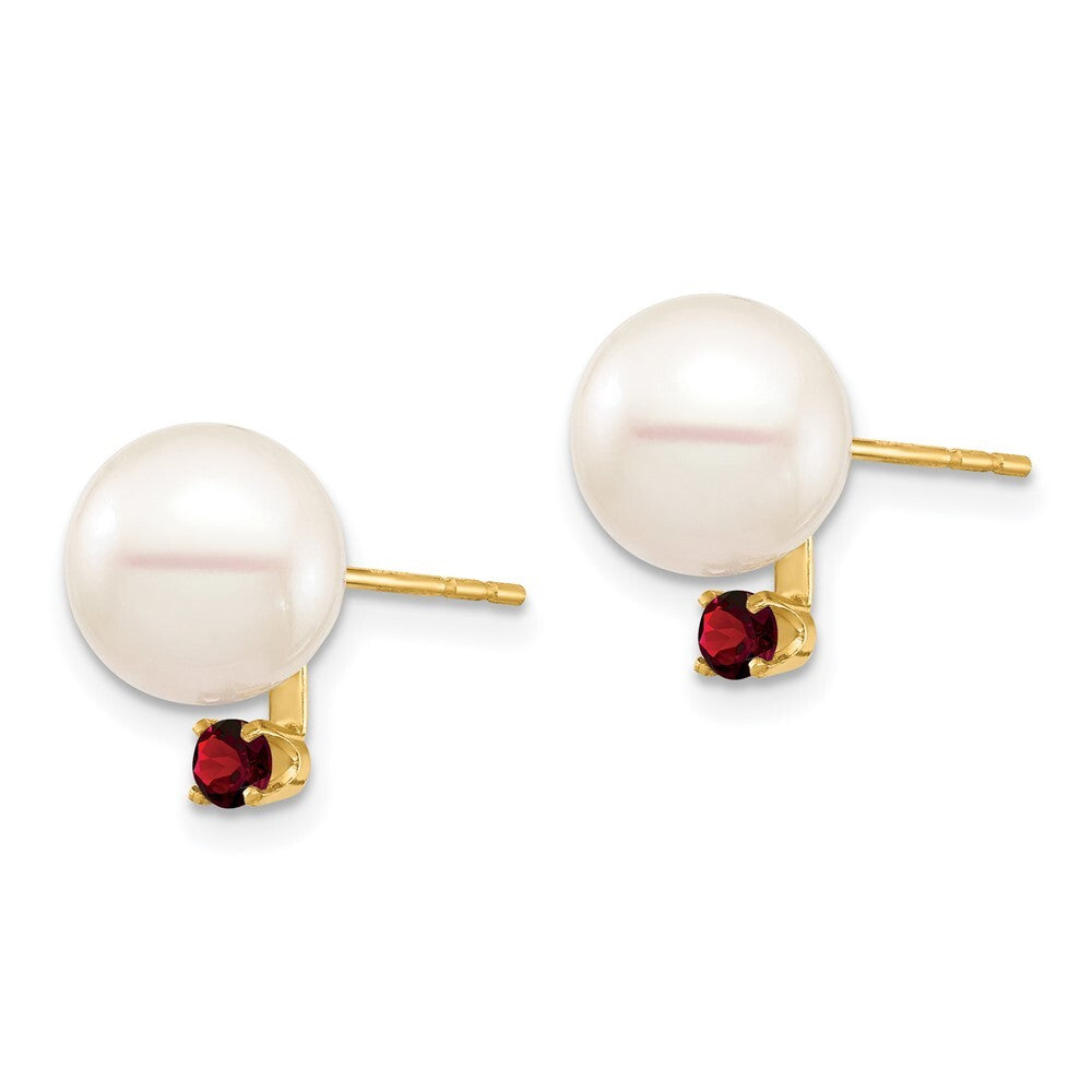 14k Yellow Gold 8-8.5mm Freshwater Cultured Pearl and .18GA Garnet Stud Earrings