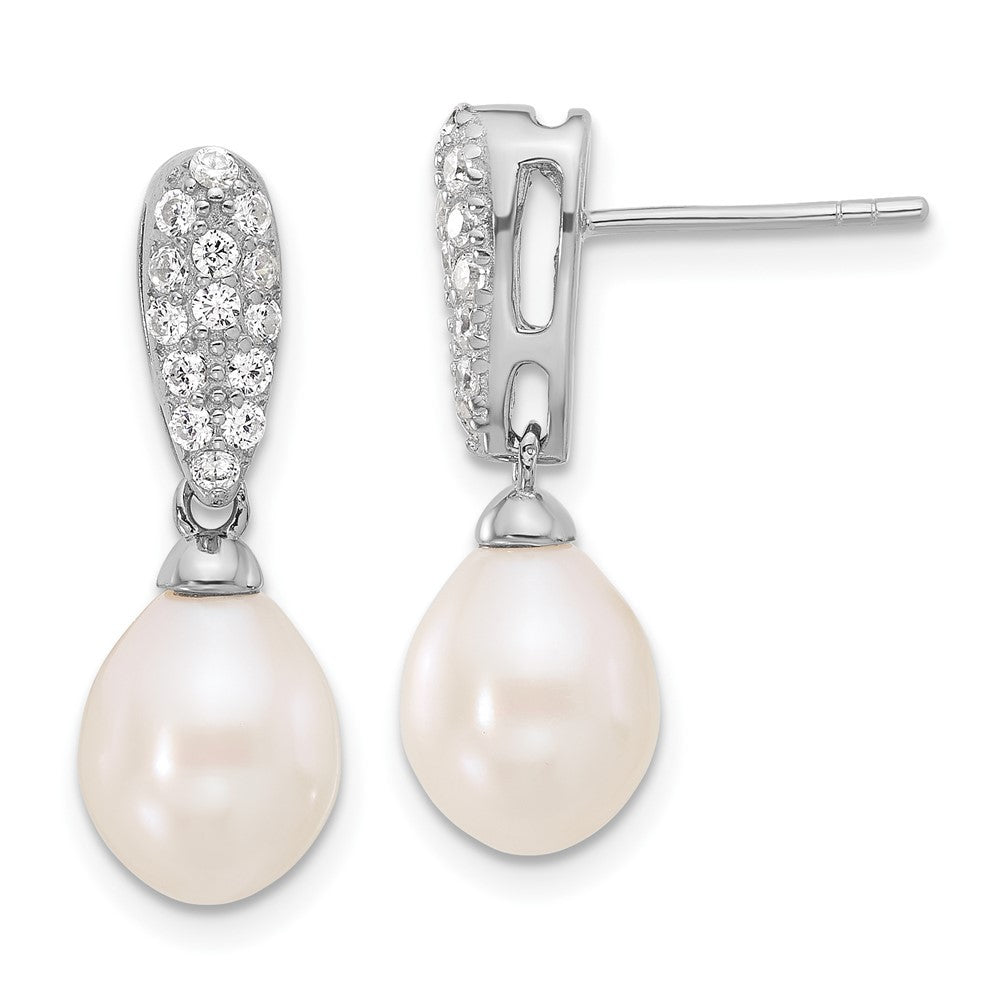 Sterling Silver 8-9mm Teardrop Freshwater Cultured Pearl and CZ Dangle Earrings