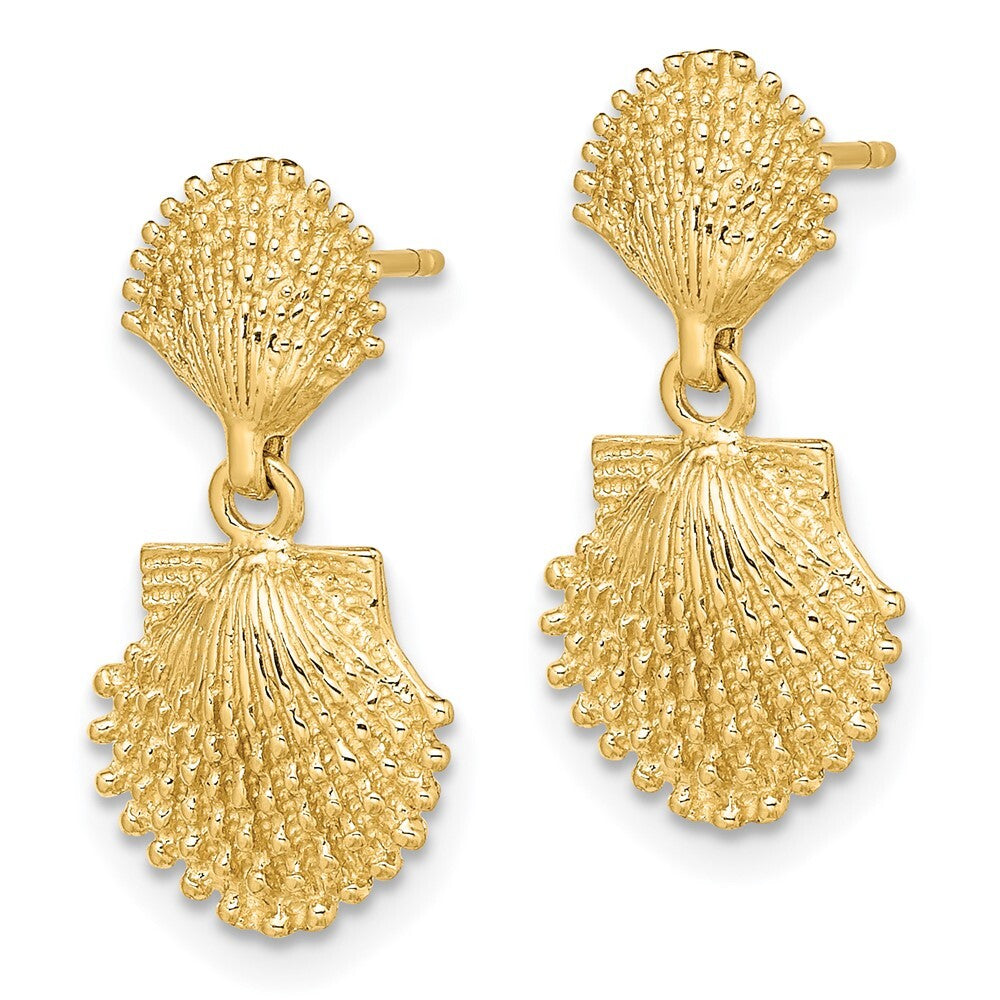 14k Yellow Gold Double Beaded Scallop Shell Dangle Earrings Gift for Women