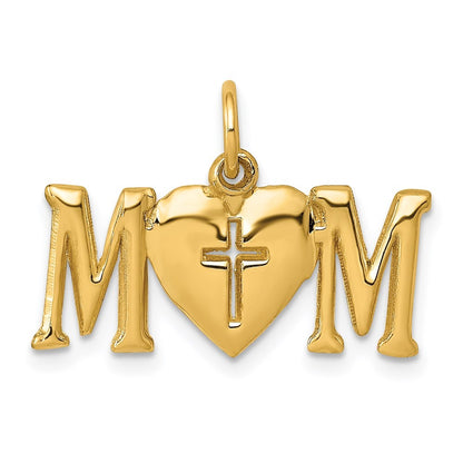14k Yellow Gold Polished MOM with Cross Charm Pendant