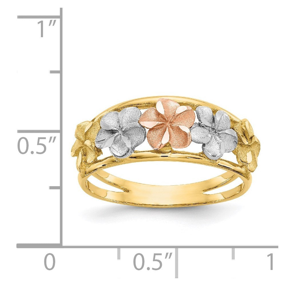 14K Two-tone Gold & Rhodium Satin Polished Diamond-Cut Flower Ring