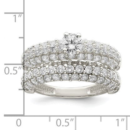 Sterling Silver Polished Pave CZ Wedding Ring Set Size 6