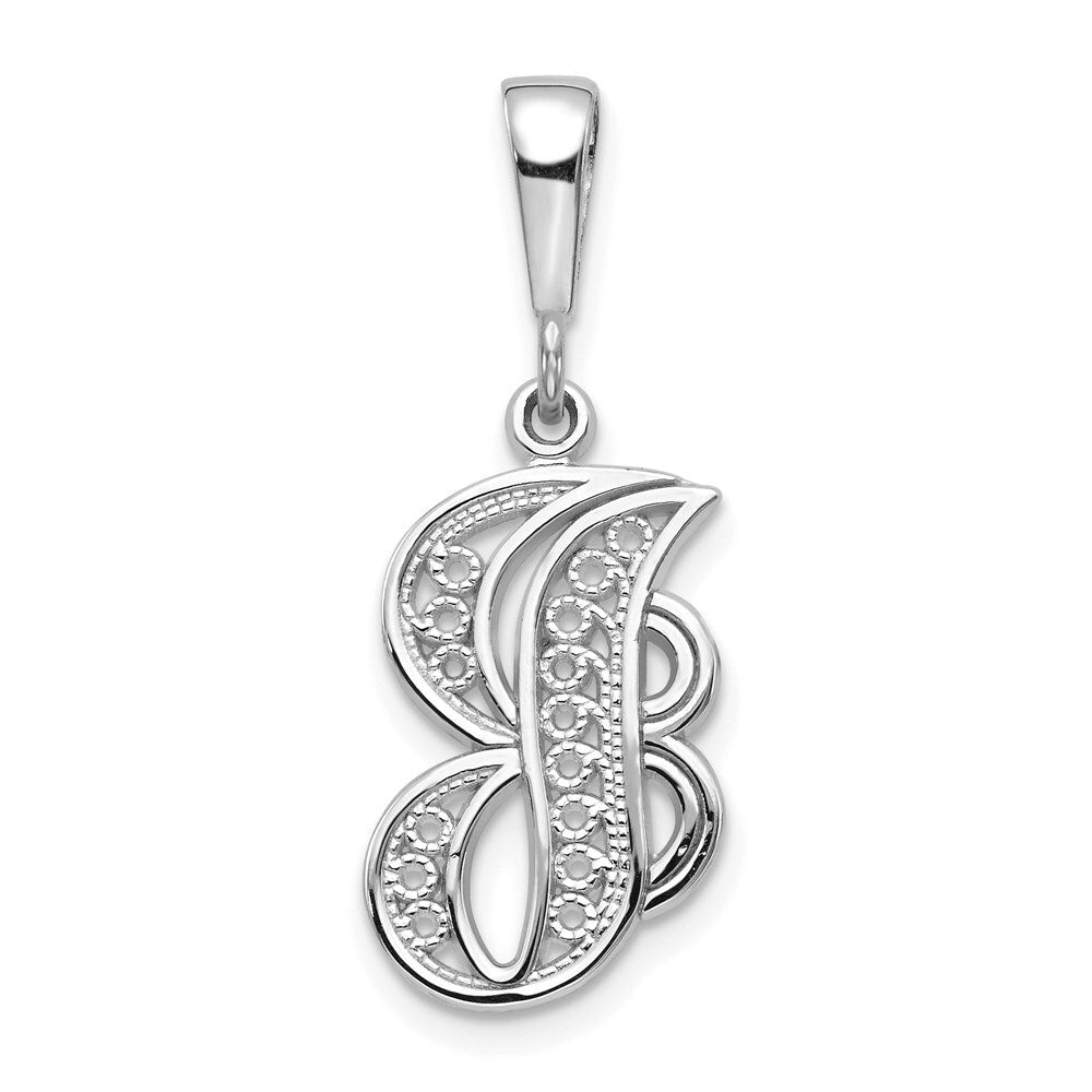 14k White Gold Solid Polished Script Filigree Letter J Initial Pendant for Women