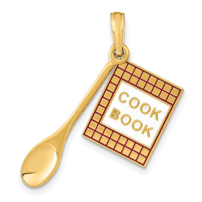14k Yellow Gold Enamel 3-D Cook Book and Spoon Charm Pendant for Women