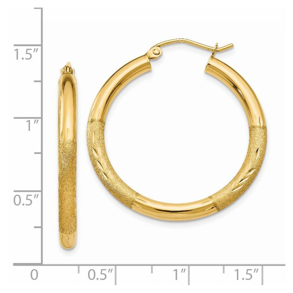 14k Yellow Gold Satin and Diamond-cut 3mm Round Hoop Earrings