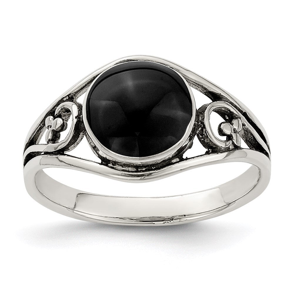 Sterling Silver Antiqued Black Agate Ring Size 6