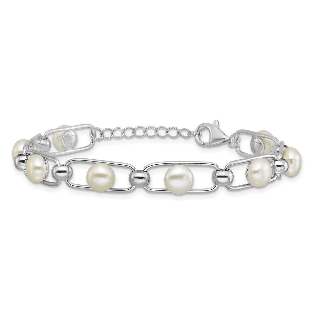 Sterling Silver Rhodium-plated 6mm Button Cultured Pearl Bracelet 6.5" w/ 1" Ext