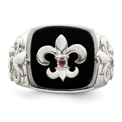 Sterling Silver .03Ruby/Black Agate Fleur de Lis Ring Size 11