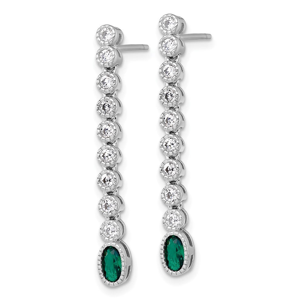Sterling Silver Polished and Beaded Oval Green and Round CZ Dangle Earrings