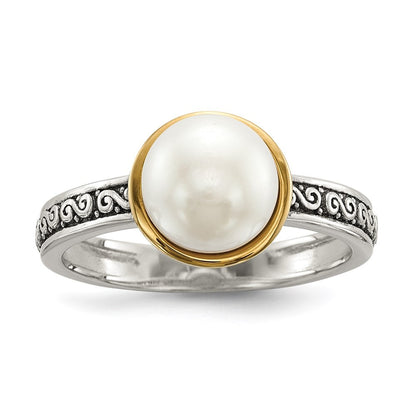 Sterling Silver 14k Antiqued 8mm Button FWC Pearl Set of 3 Ring Sz 7