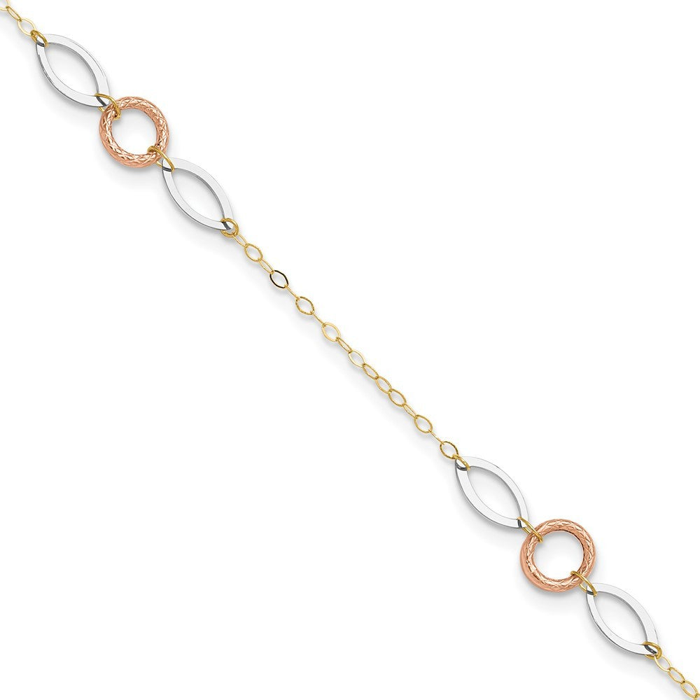 14k Tri-color Circle and Oval 3-Station 10" Anklet