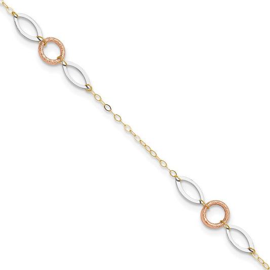14k Tri-color Circle and Oval 3-Station 10" Anklet