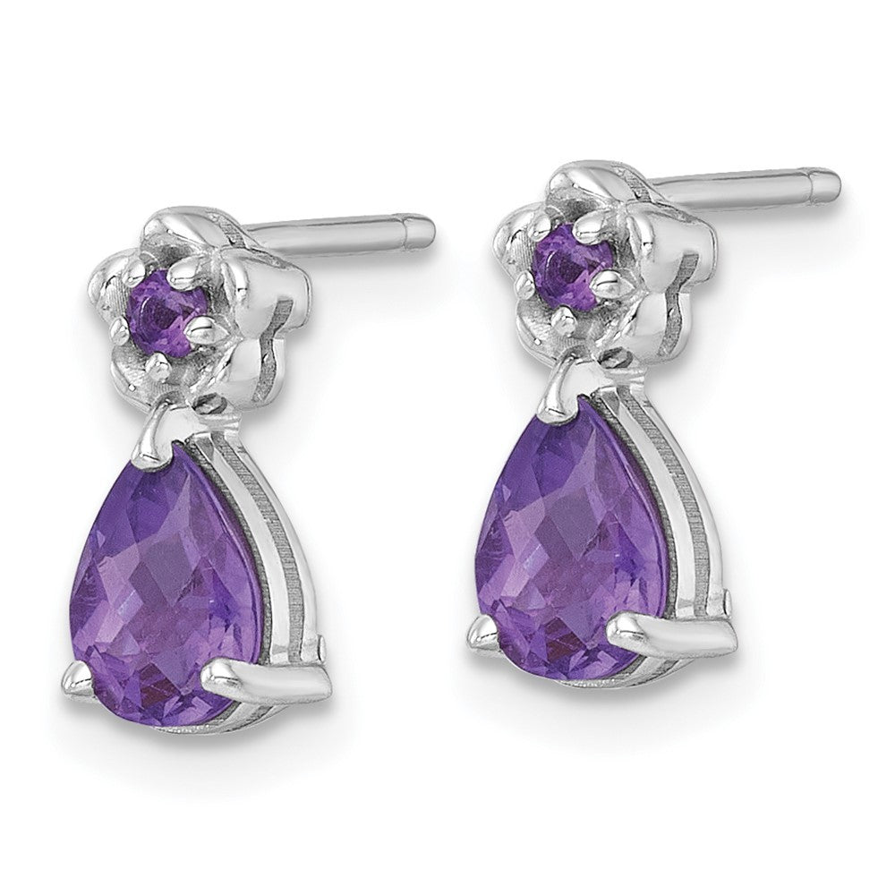 Sterling Silver Rhodium-plated Polished Amethyst Teardrop and Flower Earrings