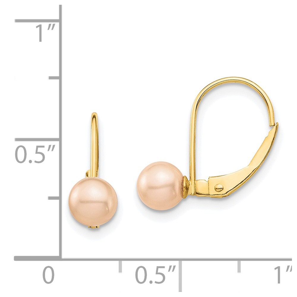 14k Yellow Gold 5-6mm Pink Round Freshwater Cultured Pearl Leverback Earrings