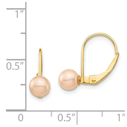 14k Yellow Gold 5-6mm Pink Round Freshwater Cultured Pearl Leverback Earrings