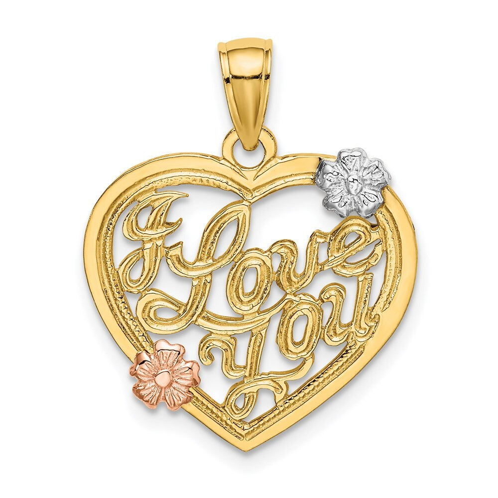 14k Two-tone Gold  White Rhodium I LOVE YOU Heart Flowers Charm Pendant