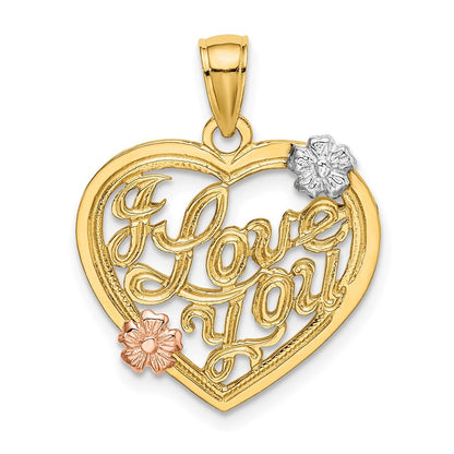 14k Two-tone Gold  White Rhodium I LOVE YOU Heart Flowers Charm Pendant