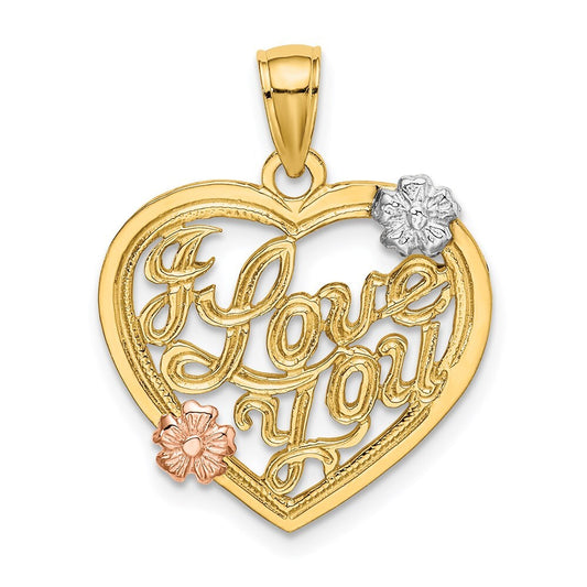 14k Two-tone Gold  White Rhodium I LOVE YOU Heart Flowers Charm Pendant