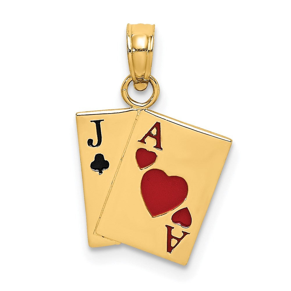 14k Yellow Gold Enamel Jack of Clubs and Ace of Hearts Cards Charm