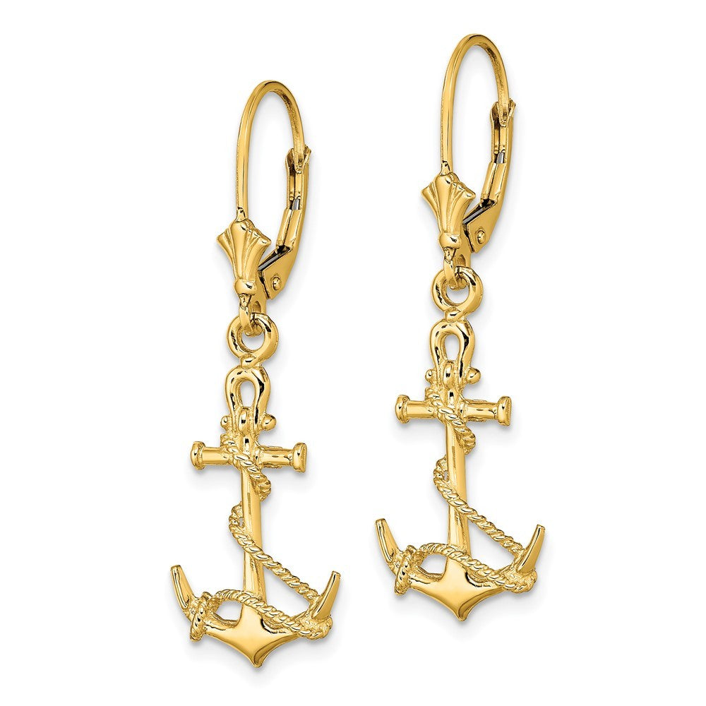 14k Yellow Gold 3-D Anchor W/ Shackle and Entwined Rope Drop Dangle Earrings