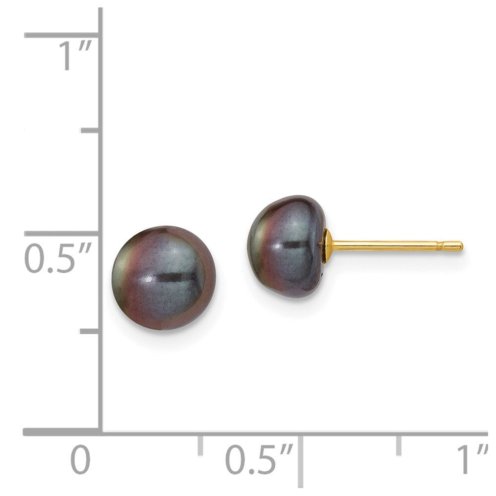 14k Yellow Gold 7-8mm Black Button Freshwater Cultured Pearl Stud Earrings