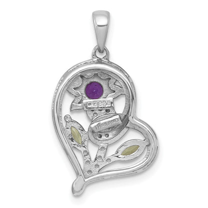 Sterling Silver Polished Amethyst, Peridot & White Topaz Flower in Heart Pendant