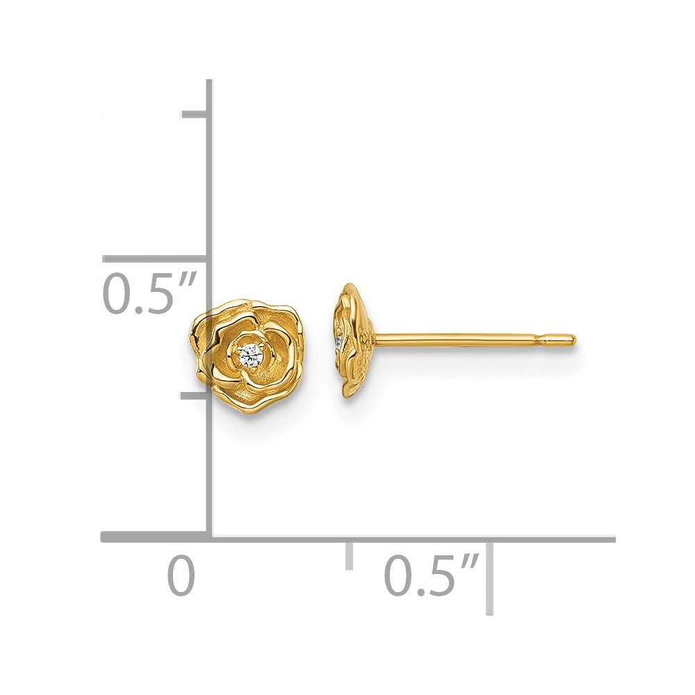14k Yellow Gold Polished Cubic Zirconia Rose Stud Earrings Gift for Women