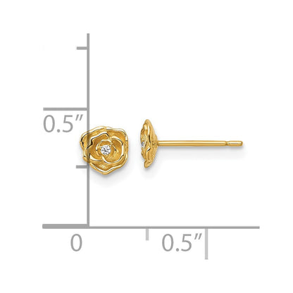 14k Yellow Gold Polished Cubic Zirconia Rose Stud Earrings Gift for Women