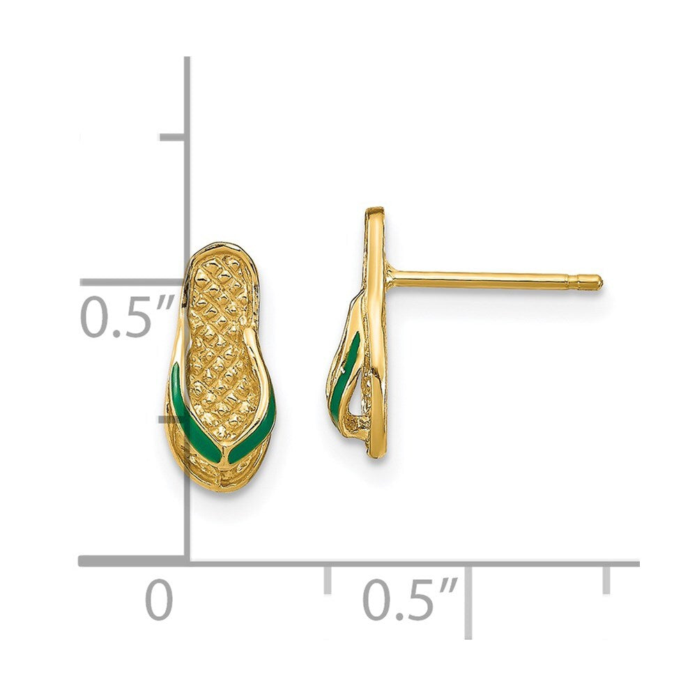 14k Yellow Gold 3D Green Enamel Flip-Flop Stud Earrings Gift for Women