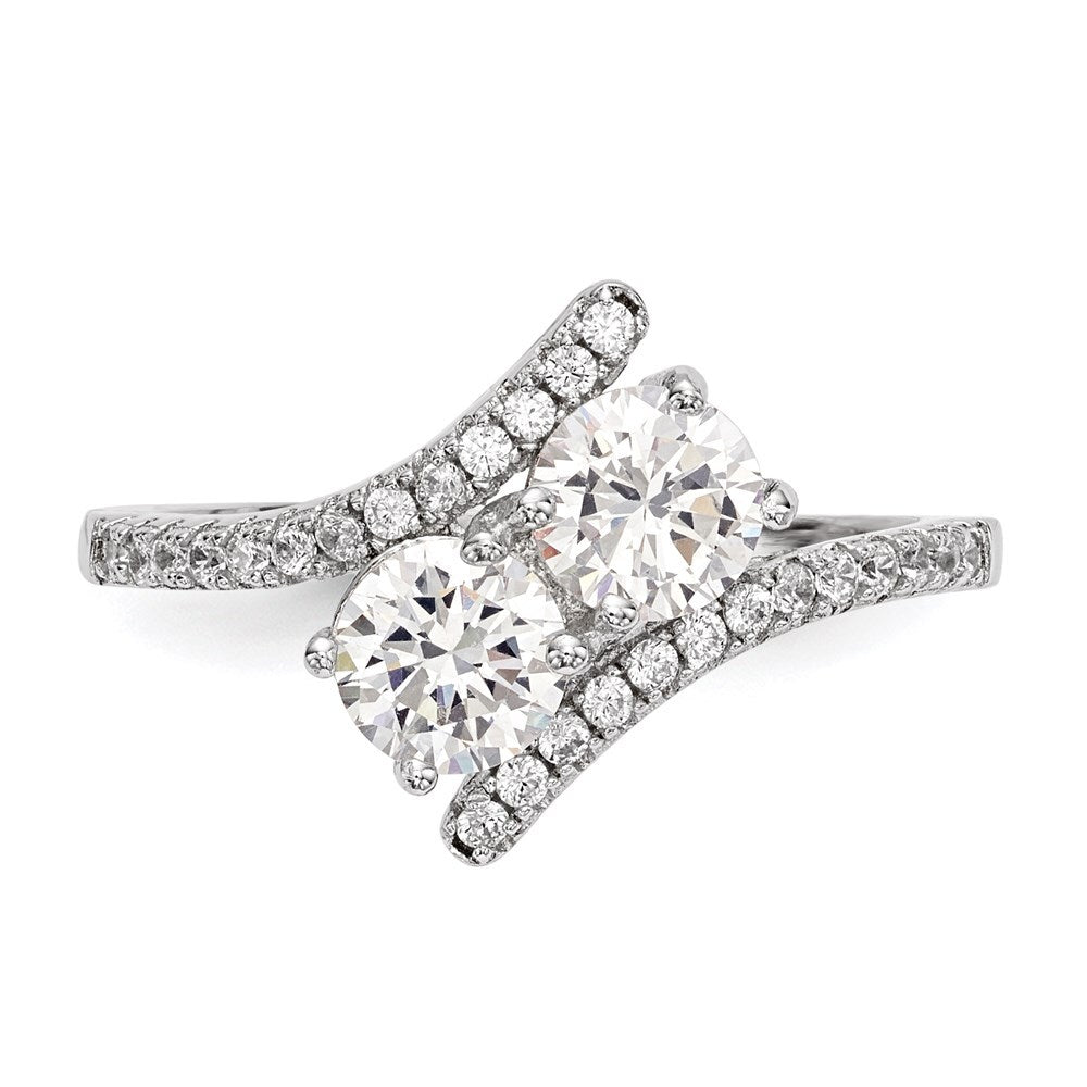 Sterling Silver Cubic Zirconia Two Stone Polished Bypass Ring SZ 7