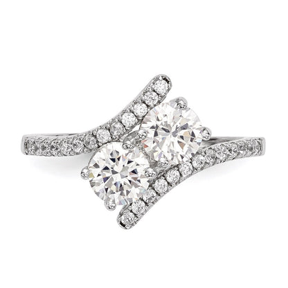 Sterling Silver Cubic Zirconia Two Stone Polished Bypass Ring SZ 7