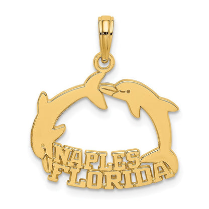 14k Yellow Gold NAPLES FLORIDA Jumping Dolphins Charm Pendant for Women