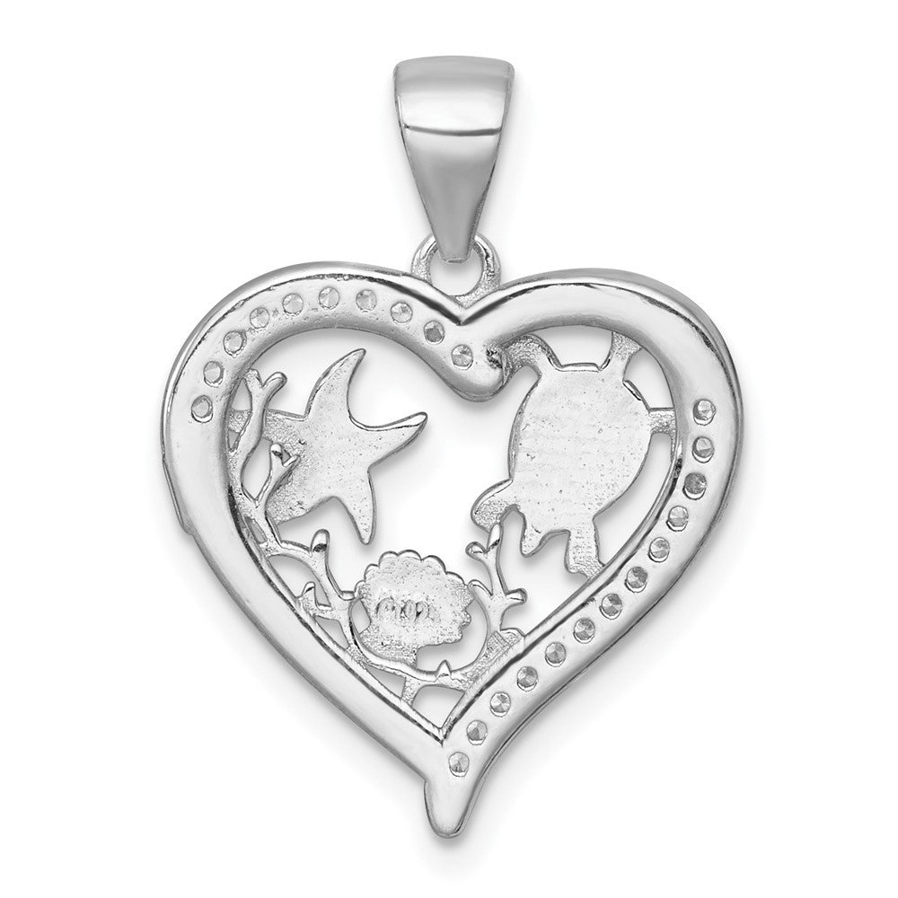 Sterling Silver Textured Blue Lab Created Opal and CZ Sealife Heart Pendant