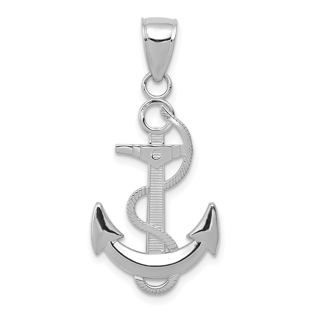 14k White Gold Polished Anchor with Textured Rope Pendant
