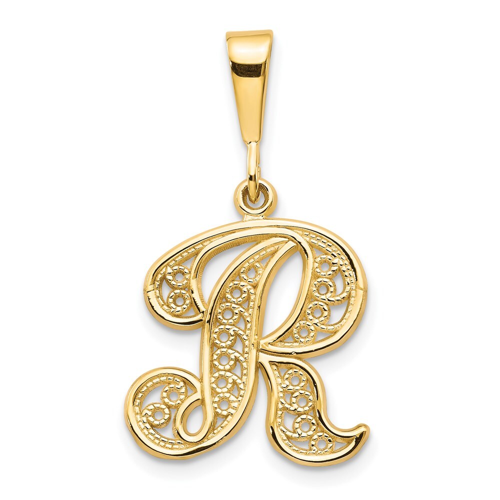 14k Yellow Gold Polished Script Filigree Letter R Initial Pendant for Women