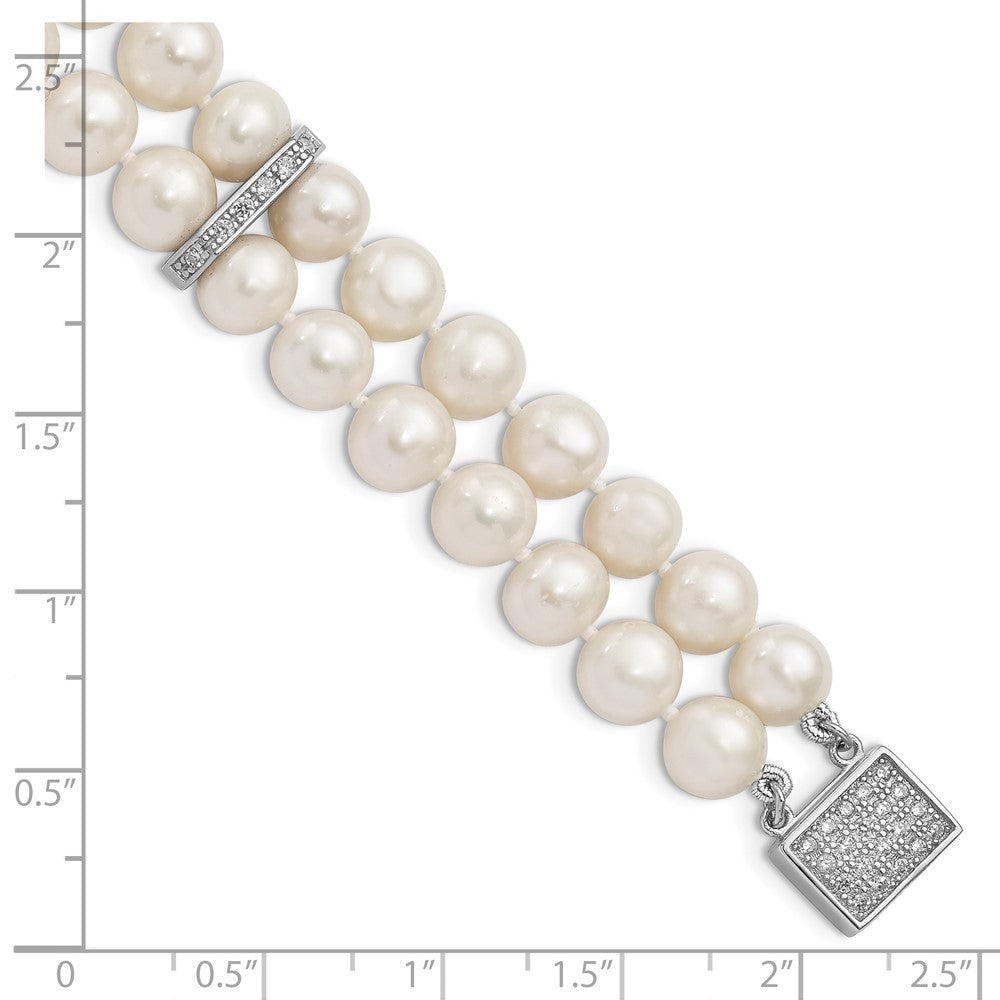 Sterling Silver 7-8mm White Near-round Cultured Pearl & CZ 2-Strand 7" Bracelet